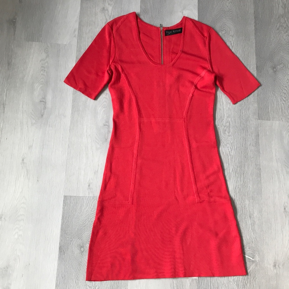 YIGAL AZROUEL RED BANDAGE SHORT SLEEVE A LINE DRESS WOMENS MEDIUM